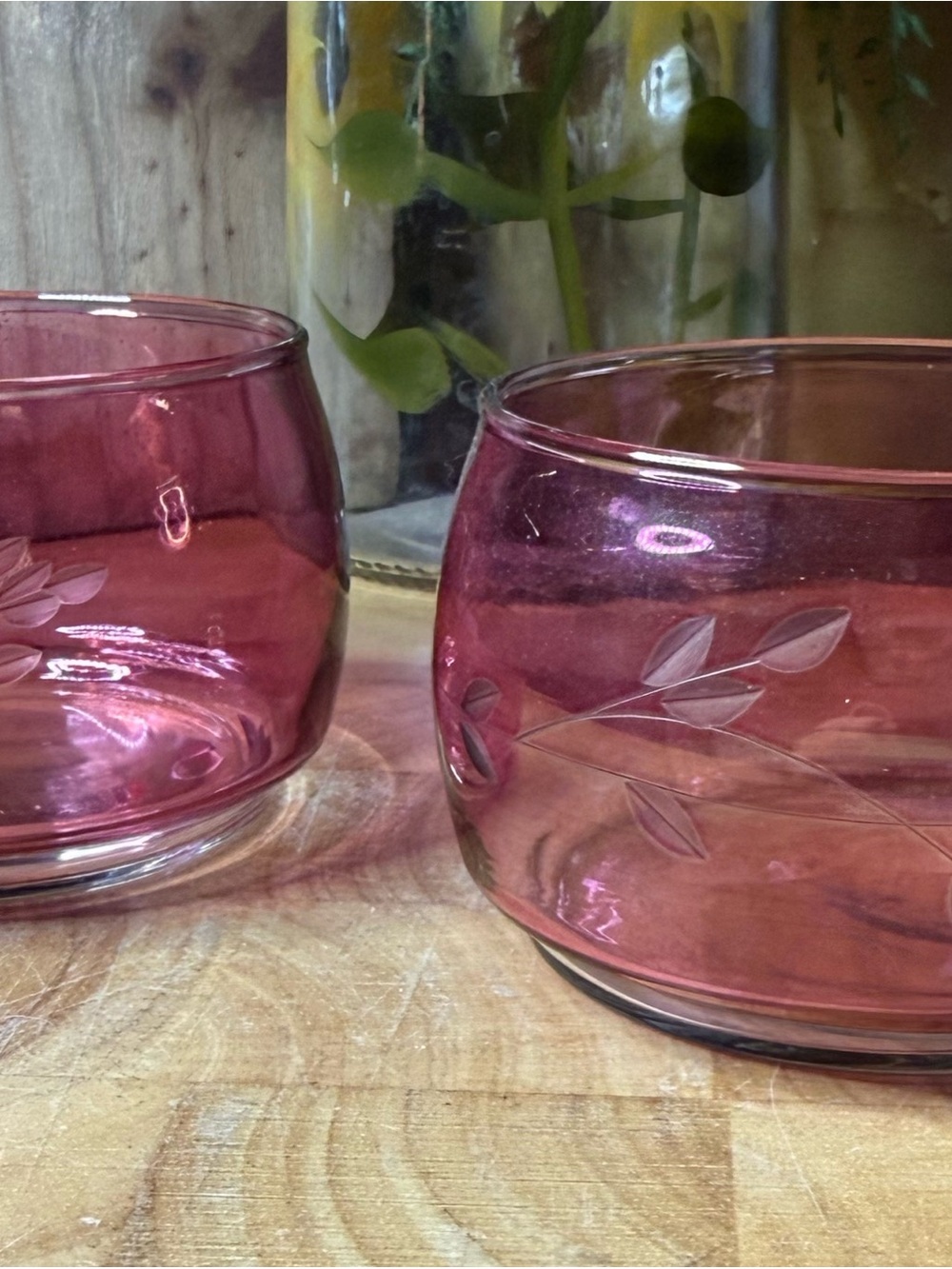 Princess House Cranberry Glass Etched Floral Bowls – Set of 2